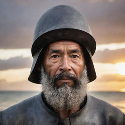 Ferdinand Magellan with a fierce expression on his face. His weathered features, framed by his metal helmet, reflect the glow of the sunset on the turbulent beach of Mactan, capturing his resolve and courage amid the chaotic battle.