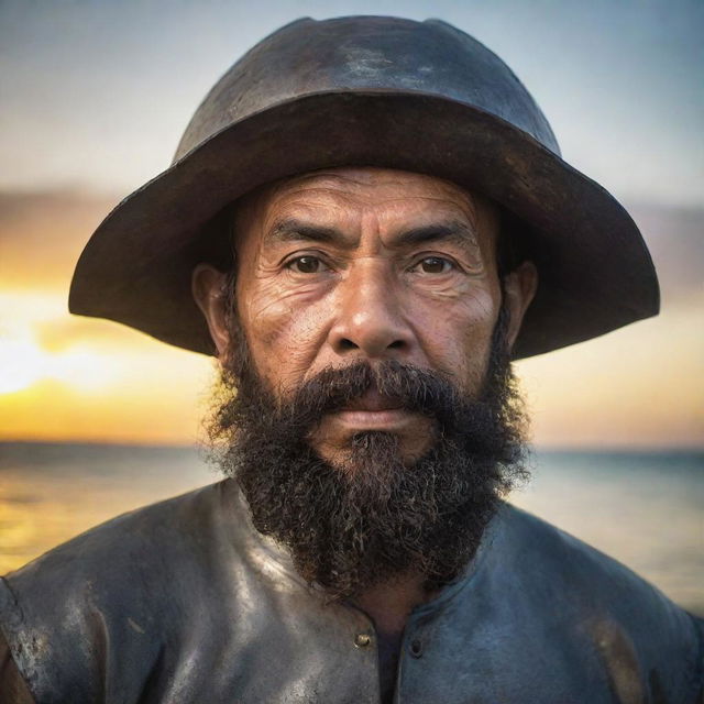 Ferdinand Magellan with a fierce expression on his face. His weathered features, framed by his metal helmet, reflect the glow of the sunset on the turbulent beach of Mactan, capturing his resolve and courage amid the chaotic battle.