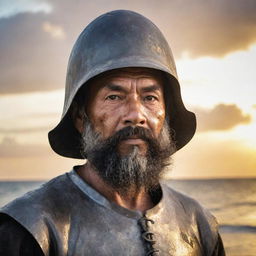 Ferdinand Magellan with a fierce expression on his face. His weathered features, framed by his metal helmet, reflect the glow of the sunset on the turbulent beach of Mactan, capturing his resolve and courage amid the chaotic battle.