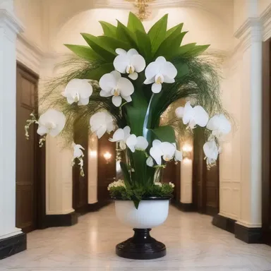 The luxurious mansion had a breathtaking foyer adorned with a stunning brassavola orchid display.