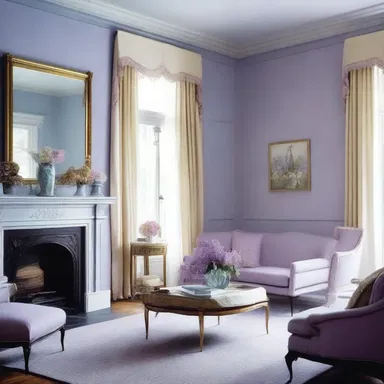 The lilac-blue walls and furniture created a soothing and elegant ambiance in the living room.