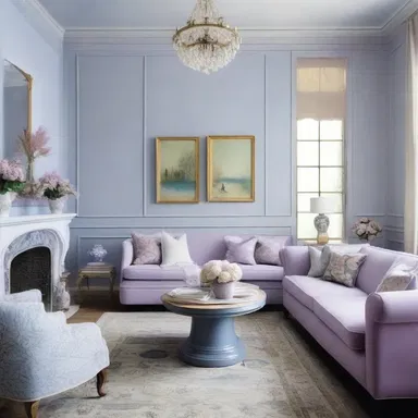 The lilac-blue walls and furniture created a soothing and elegant ambiance in the living room.