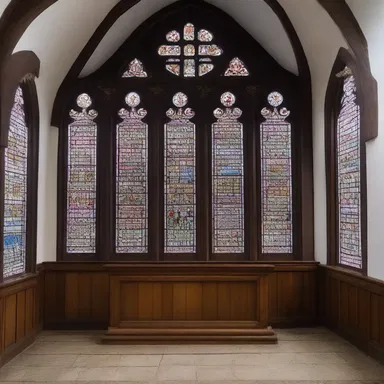 The stained glass windows in the church featured various shades of lilac-blue, invoking a sense of peace and spirituality.