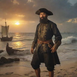 Ferdinand Magellan, amidst the chaotic Battle of Mactan, caught in the act of fiercely fighting while maintaining an intense gaze. The dramatic setting sun on the beach highlights his determined expression and the fierce energy of his struggle.