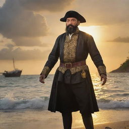 Ferdinand Magellan, amidst the chaotic Battle of Mactan, caught in the act of fiercely fighting while maintaining an intense gaze. The dramatic setting sun on the beach highlights his determined expression and the fierce energy of his struggle.