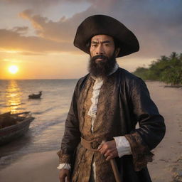 Ferdinand Magellan, amidst the chaotic Battle of Mactan, caught in the act of fiercely fighting while maintaining an intense gaze. The dramatic setting sun on the beach highlights his determined expression and the fierce energy of his struggle.