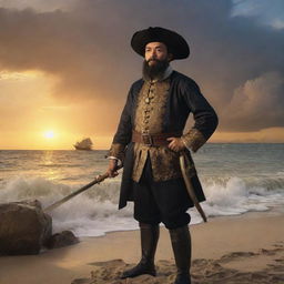 Ferdinand Magellan, amidst the chaotic Battle of Mactan, caught in the act of fiercely fighting while maintaining an intense gaze. The dramatic setting sun on the beach highlights his determined expression and the fierce energy of his struggle.