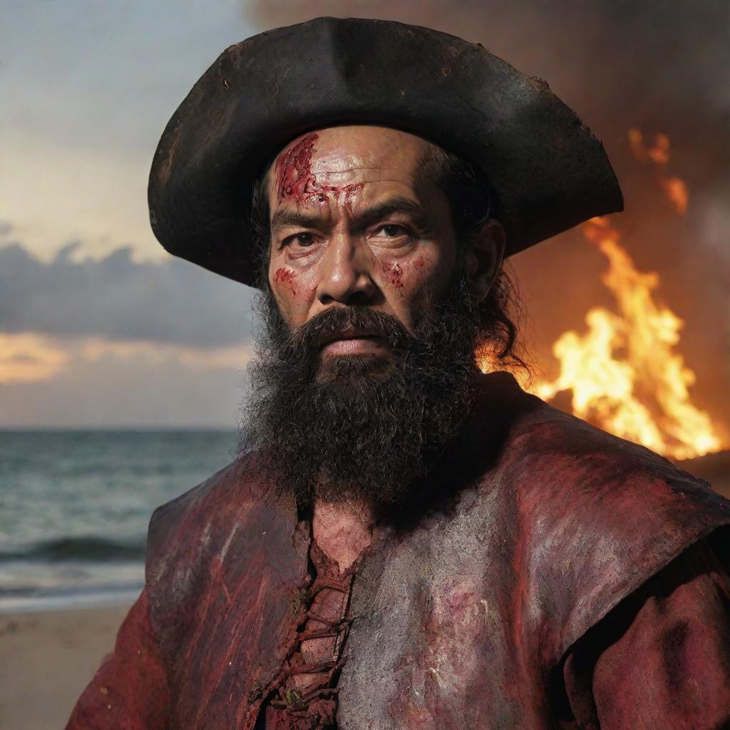 Portray an enraged and blood-stained Ferdinand Magellan. His fury is evident in his fiery gaze, accentuated by the battle wounds on his face. The sinking sun's crimson glow on the turbulent Mactan beach adds to the intense atmosphere.