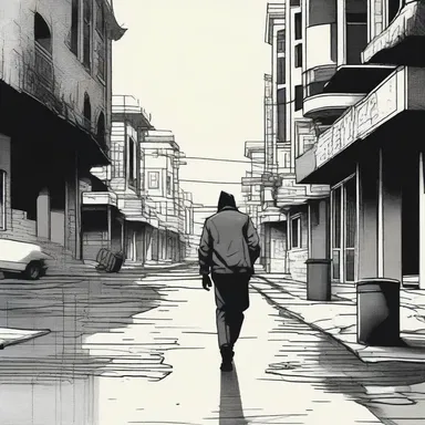 The dispossessed character wanders the streets aimlessly in the cinematic depiction, symbolizing the loss of security.