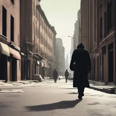 The dispossessed character wanders the streets aimlessly in the cinematic depiction, symbolizing the loss of security.