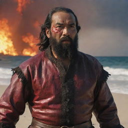 Portray an enraged and blood-stained Ferdinand Magellan. His fury is evident in his fiery gaze, accentuated by the battle wounds on his face. The sinking sun's crimson glow on the turbulent Mactan beach adds to the intense atmosphere.