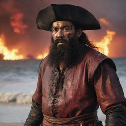 Portray an enraged and blood-stained Ferdinand Magellan. His fury is evident in his fiery gaze, accentuated by the battle wounds on his face. The sinking sun's crimson glow on the turbulent Mactan beach adds to the intense atmosphere.