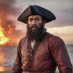 Portray an enraged and blood-stained Ferdinand Magellan. His fury is evident in his fiery gaze, accentuated by the battle wounds on his face. The sinking sun's crimson glow on the turbulent Mactan beach adds to the intense atmosphere.