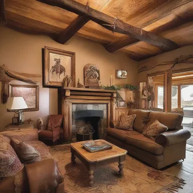 The rustic ranch-style house was decorated with rodeo-themed artwork.