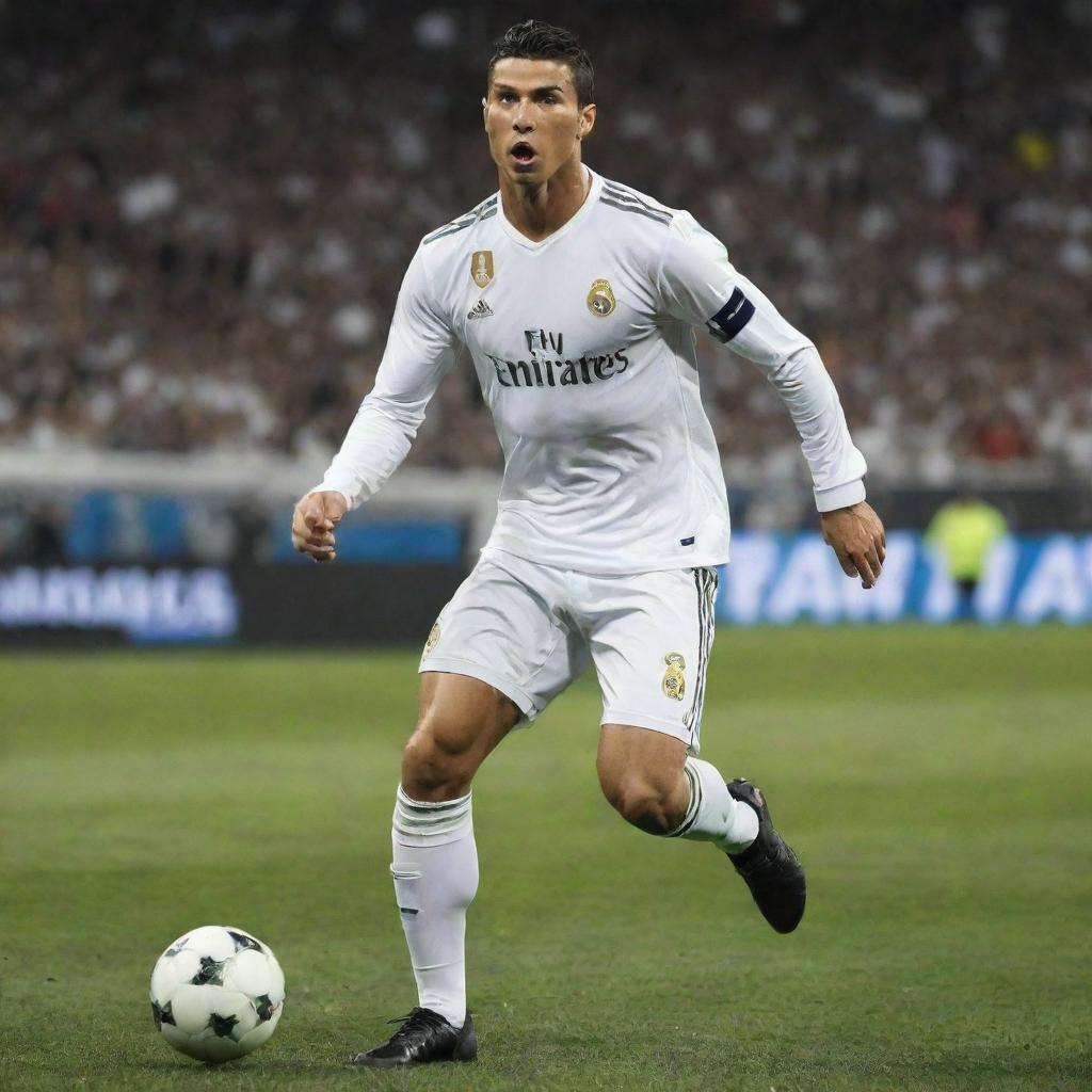 Cristiano Ronaldo playing a soccer game in his Real Madrid jersey, dynamically running and controlling the football with his impressive skills.