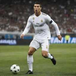 Cristiano Ronaldo playing a soccer game in his Real Madrid jersey, dynamically running and controlling the football with his impressive skills.