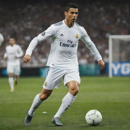 Cristiano Ronaldo playing a soccer game in his Real Madrid jersey, dynamically running and controlling the football with his impressive skills.