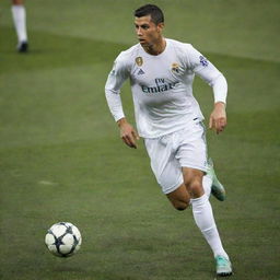 Cristiano Ronaldo playing a soccer game in his Real Madrid jersey, dynamically running and controlling the football with his impressive skills.