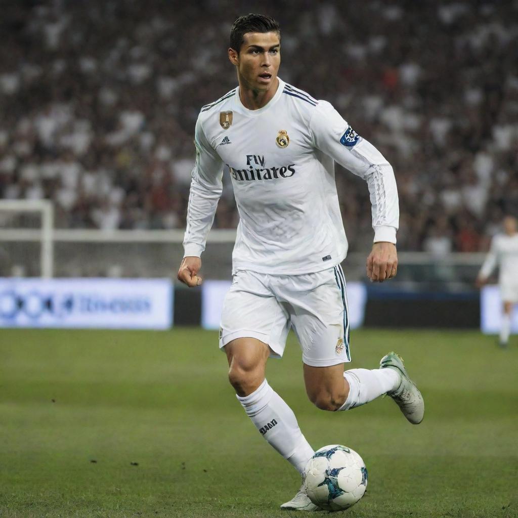 Cristiano Ronaldo playing a soccer game in his Real Madrid jersey, dynamically running and controlling the football with his impressive skills.