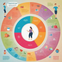 A colorful and engaging infographic illustrating the process of weight loss, including healthy eating, exercise, and lifestyle changes