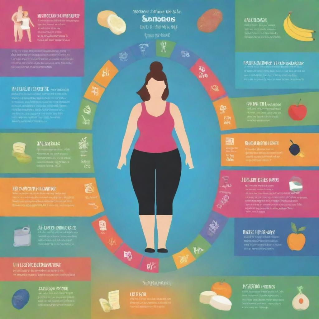 A colorful and engaging infographic illustrating the process of weight loss, including healthy eating, exercise, and lifestyle changes