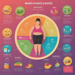 A colorful and engaging infographic illustrating the process of weight loss, including healthy eating, exercise, and lifestyle changes