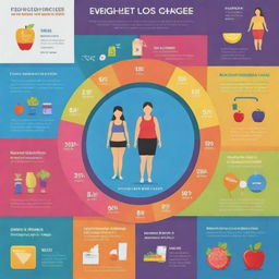 A colorful and engaging infographic illustrating the process of weight loss, including healthy eating, exercise, and lifestyle changes