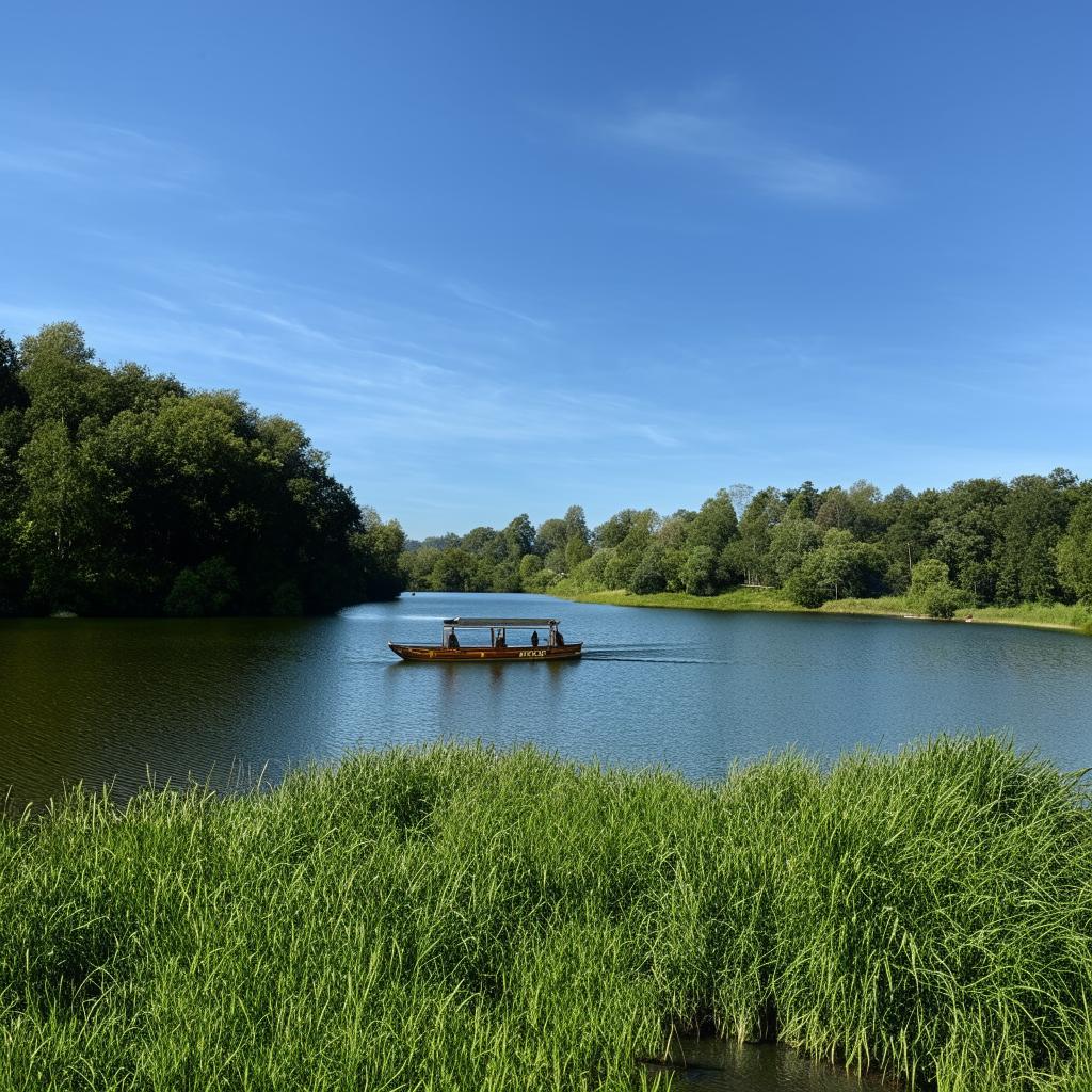 A quaint tub-shaped boat floating gently on a serene lake, surrounded by lush greenery and a clear blue sky overhead.