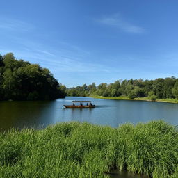 A quaint tub-shaped boat floating gently on a serene lake, surrounded by lush greenery and a clear blue sky overhead.