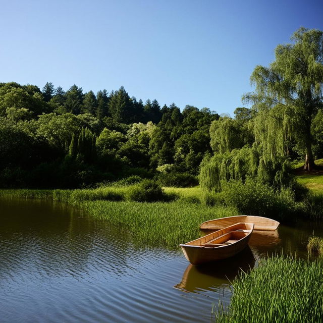 A quaint tub-shaped boat floating gently on a serene lake, surrounded by lush greenery and a clear blue sky overhead.