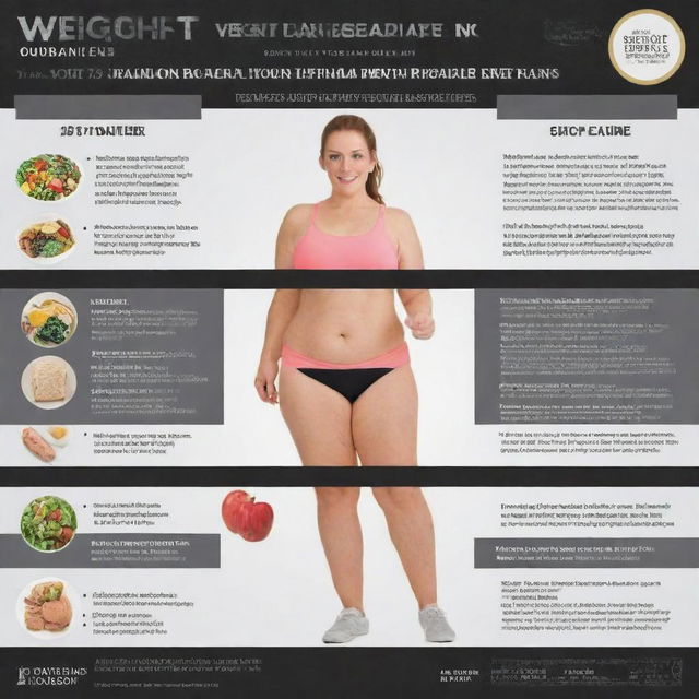 A detailed and informative infographic showcasing weight loss journey, featuring diet plans, workout regimes and transformation timelines.