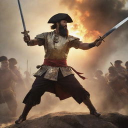 Capture a dynamic moment as Ferdinand Magellan swiftly attacks Datu Lapu Lapu with a gleaming sword during the fiery Battle of Mactan. The sun's dying rays cast dramatic shadows and highlights, intensifying the volatile energy of their encounter.