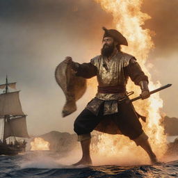 Capture a dynamic moment as Ferdinand Magellan swiftly attacks Datu Lapu Lapu with a gleaming sword during the fiery Battle of Mactan. The sun's dying rays cast dramatic shadows and highlights, intensifying the volatile energy of their encounter.