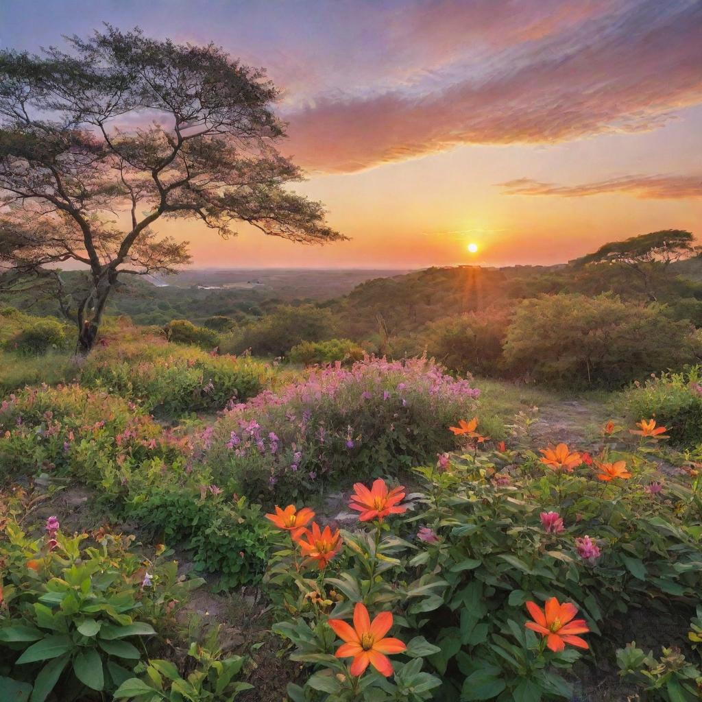 A serene and captivating view of nature in full bloom, with vibrant and diverse flora and fauna, set against a breathtakingly beautiful sunrise over the horizon.