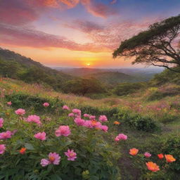 A serene and captivating view of nature in full bloom, with vibrant and diverse flora and fauna, set against a breathtakingly beautiful sunrise over the horizon.