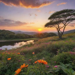 A serene and captivating view of nature in full bloom, with vibrant and diverse flora and fauna, set against a breathtakingly beautiful sunrise over the horizon.