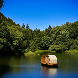 A quaint tub-shaped boat floating gently on a serene lake, surrounded by lush greenery and a clear blue sky overhead.