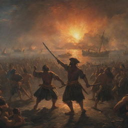 A tense scene showing Ferdinand Magellan launching a fervent attack on Datu Lapu Lapu with a shining sword in the midst of the Battle of Mactan. The setting sun casts a fiery glow on the scene, exacerbating the turmoil of the battlefield.