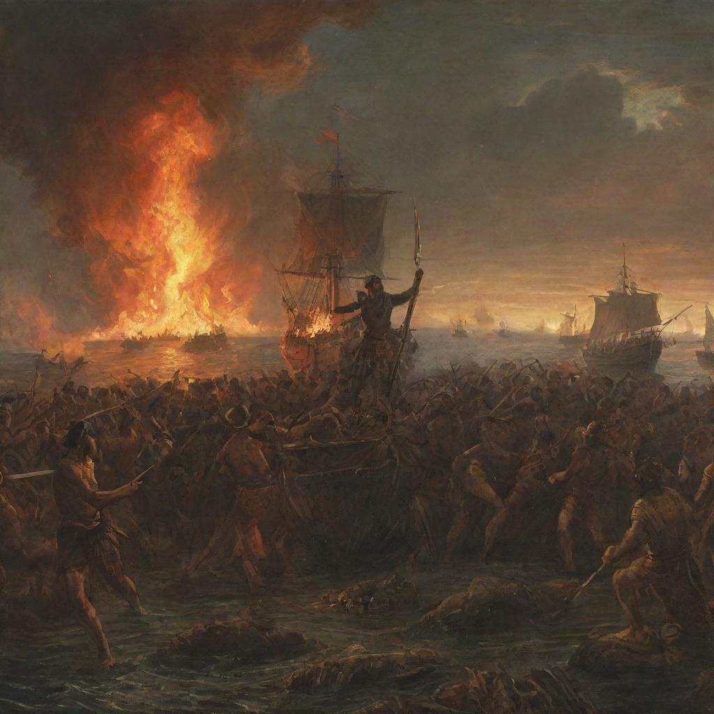 A tense scene showing Ferdinand Magellan launching a fervent attack on Datu Lapu Lapu with a shining sword in the midst of the Battle of Mactan. The setting sun casts a fiery glow on the scene, exacerbating the turmoil of the battlefield.