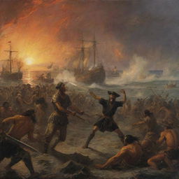 A tense scene showing Ferdinand Magellan launching a fervent attack on Datu Lapu Lapu with a shining sword in the midst of the Battle of Mactan. The setting sun casts a fiery glow on the scene, exacerbating the turmoil of the battlefield.