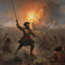 A tense scene showing Ferdinand Magellan launching a fervent attack on Datu Lapu Lapu with a shining sword in the midst of the Battle of Mactan. The setting sun casts a fiery glow on the scene, exacerbating the turmoil of the battlefield.