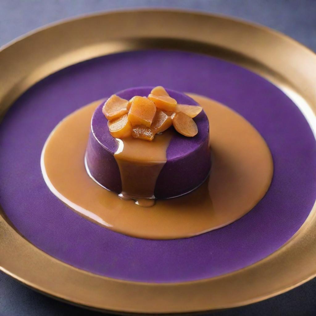 A sumptuous ubi (purple yam) caramel dessert, with the vibrant purple of the ubi swirling amidst golden caramel on a high-quality porcelain plate