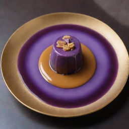 A sumptuous ubi (purple yam) caramel dessert, with the vibrant purple of the ubi swirling amidst golden caramel on a high-quality porcelain plate