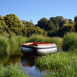 A quaint tub-shaped boat floating gently on a serene lake, surrounded by lush greenery and a clear blue sky overhead.