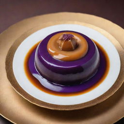 A sumptuous ubi (purple yam) caramel dessert, with the vibrant purple of the ubi swirling amidst golden caramel on a high-quality porcelain plate