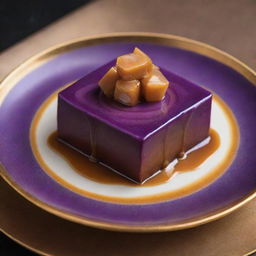 A sumptuous ubi (purple yam) caramel dessert, with the vibrant purple of the ubi swirling amidst golden caramel on a high-quality porcelain plate