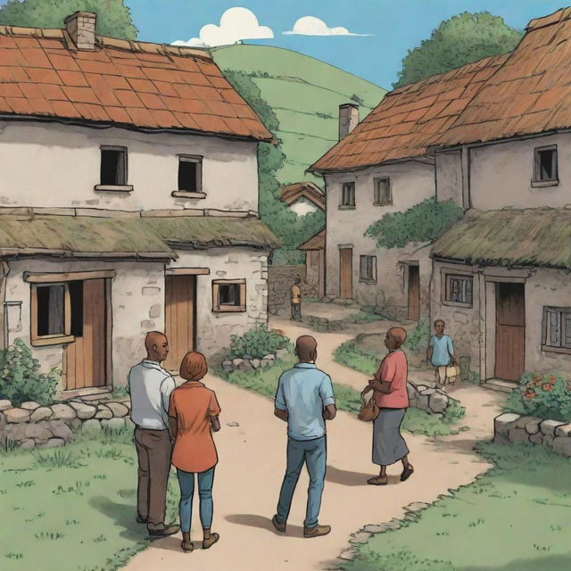 Generate a 2D comic style illustration of humans conversing in a village setting.