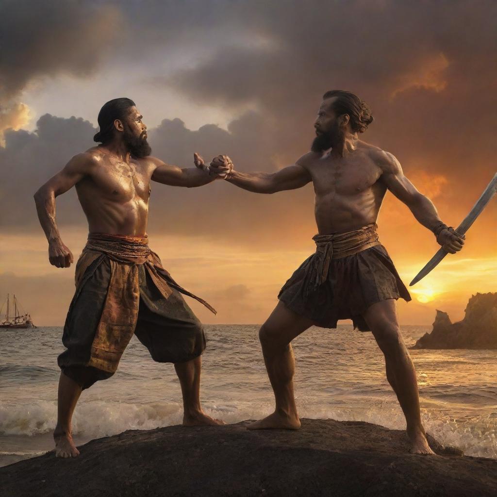 A dramatic depiction of a one-on-one duel between Ferdinand Magellan and Datu Lapu Lapu, swords crossed under the fiery Mactan sunset. Their intense expressions and dynamic postures highlight the desperation and courage that mark this historic combat.