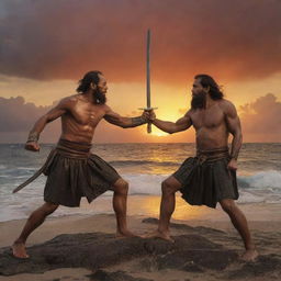 A dramatic depiction of a one-on-one duel between Ferdinand Magellan and Datu Lapu Lapu, swords crossed under the fiery Mactan sunset. Their intense expressions and dynamic postures highlight the desperation and courage that mark this historic combat.