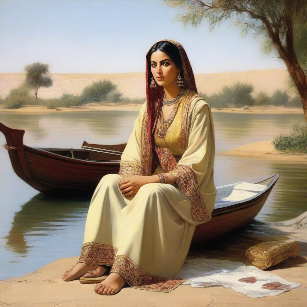 A high-quality art painting depicting a captivating Arab woman in her thirties